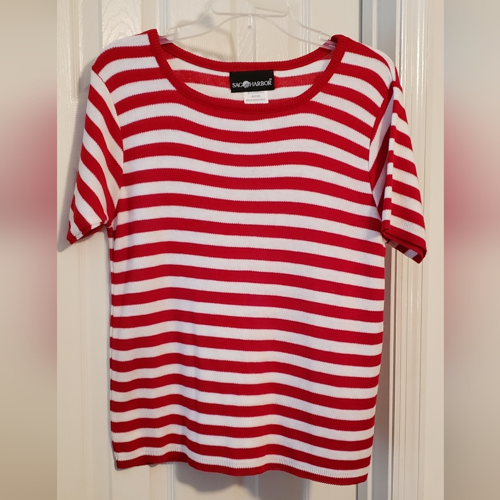 Sag Harbor Red and White Stripe, Short Sleeve Blouse with Classic Elegance
